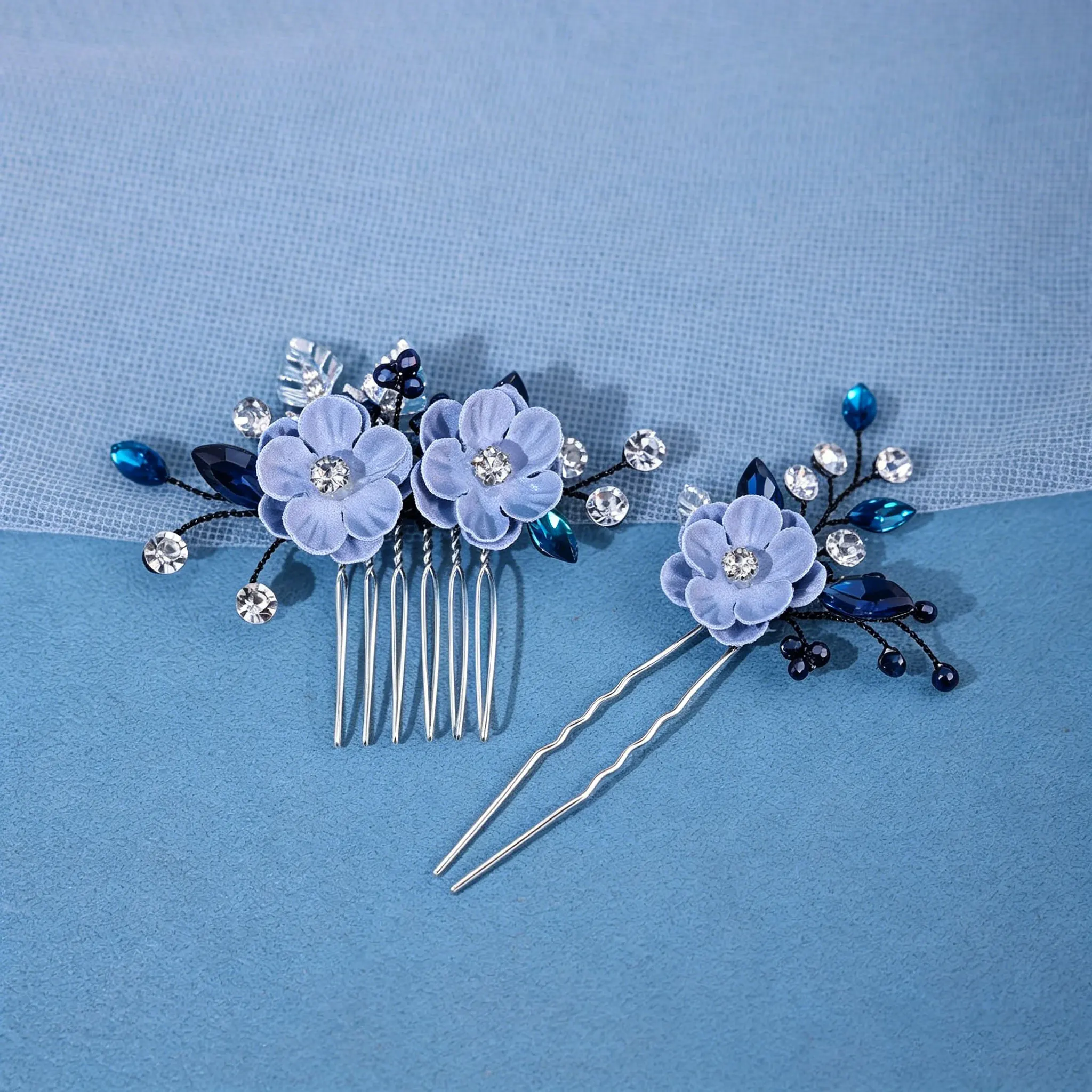 Blue  Crystal Hair Comb Silver Leaf Bridal Headpiece Wedding Hair Accessories Women Party Prom Formal Floral Hair Clip image 6