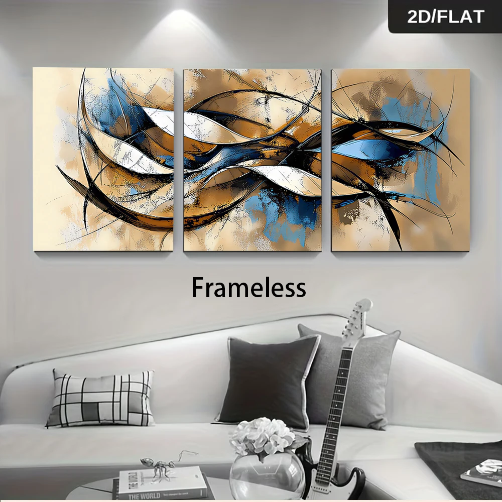 1 set of modern abstract, light luxury, simple triple layered living room, bedroom frameless decorative painting 2D plan