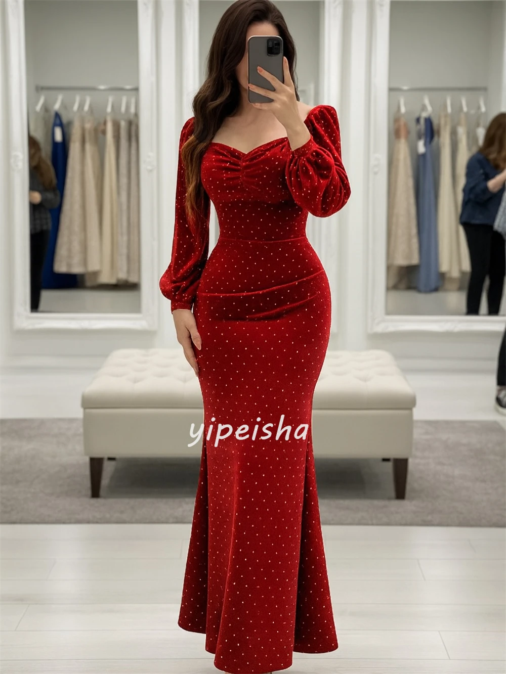 Customized Modern Style Formal Sequined Ruched Mermaid Square Neck Ankle Length Dresses Evening Dresses High Quality Matching
