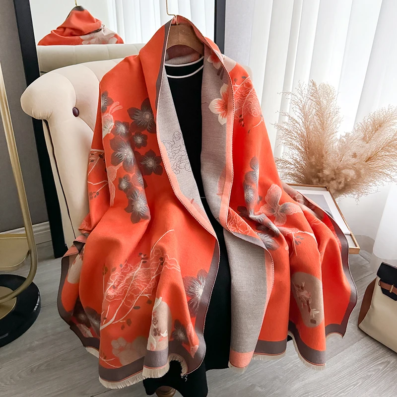 Autumn and Winter Thickened Designer Women\'s Scarf Luxury Flower Double-Sided Faux Cashmere Scarf Warm Shawl 2024 New