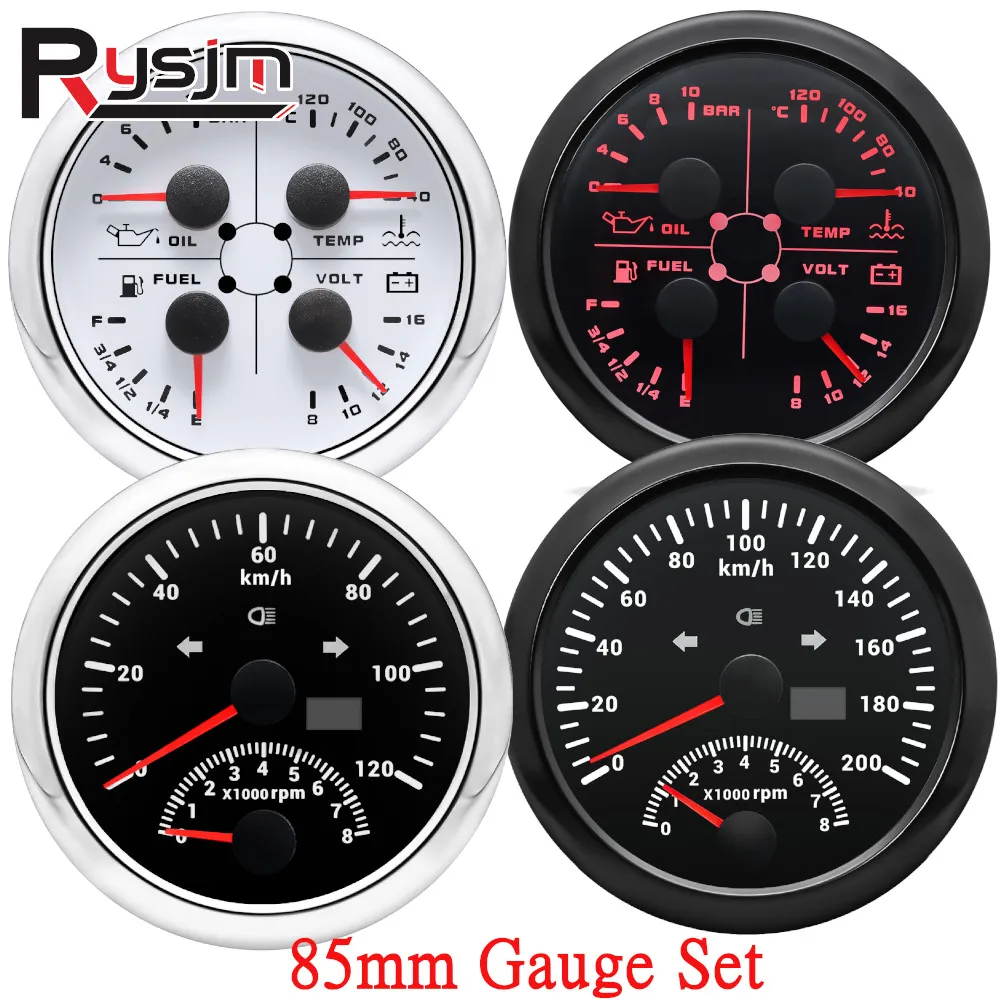 

85mm Boat GPS Speedometer + 85mm 4 in 1 Fuel Level Volt Oil Pressure Water Temp Gauge Digital Speed Meter Odometer For Car Truck