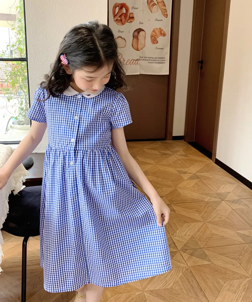 

Summer girls' dress baby girl clothes Blue checkered pattern student style dress peter pan collar Sweet short sleeved dress