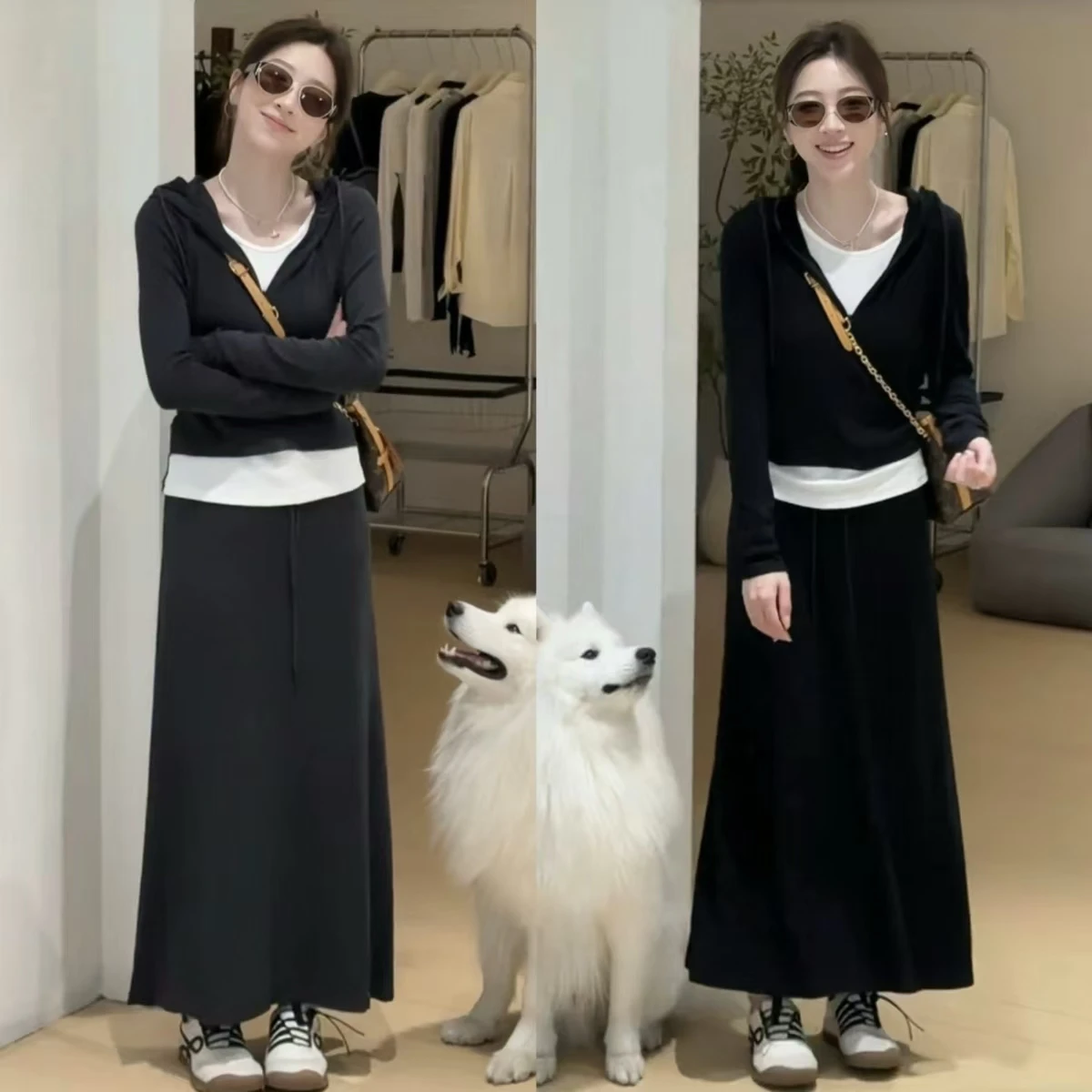 Women Korean Style Fashion Chic Commuter Ladies Casual Suits 2pcs Hooded Slim Faux Two-Piece Tops and Long Skirts Set Gray Black