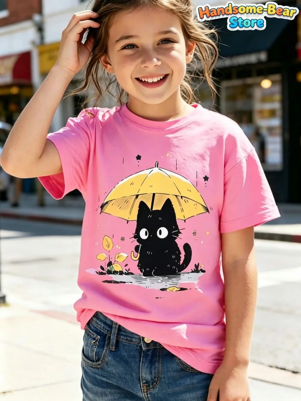 T-Shirt for Girls Cute Cat Umbrella 3D Print Girl Short-Sleeve Top Cartoon Cat Summer Clothes Child T-Shirt Children's Clothing