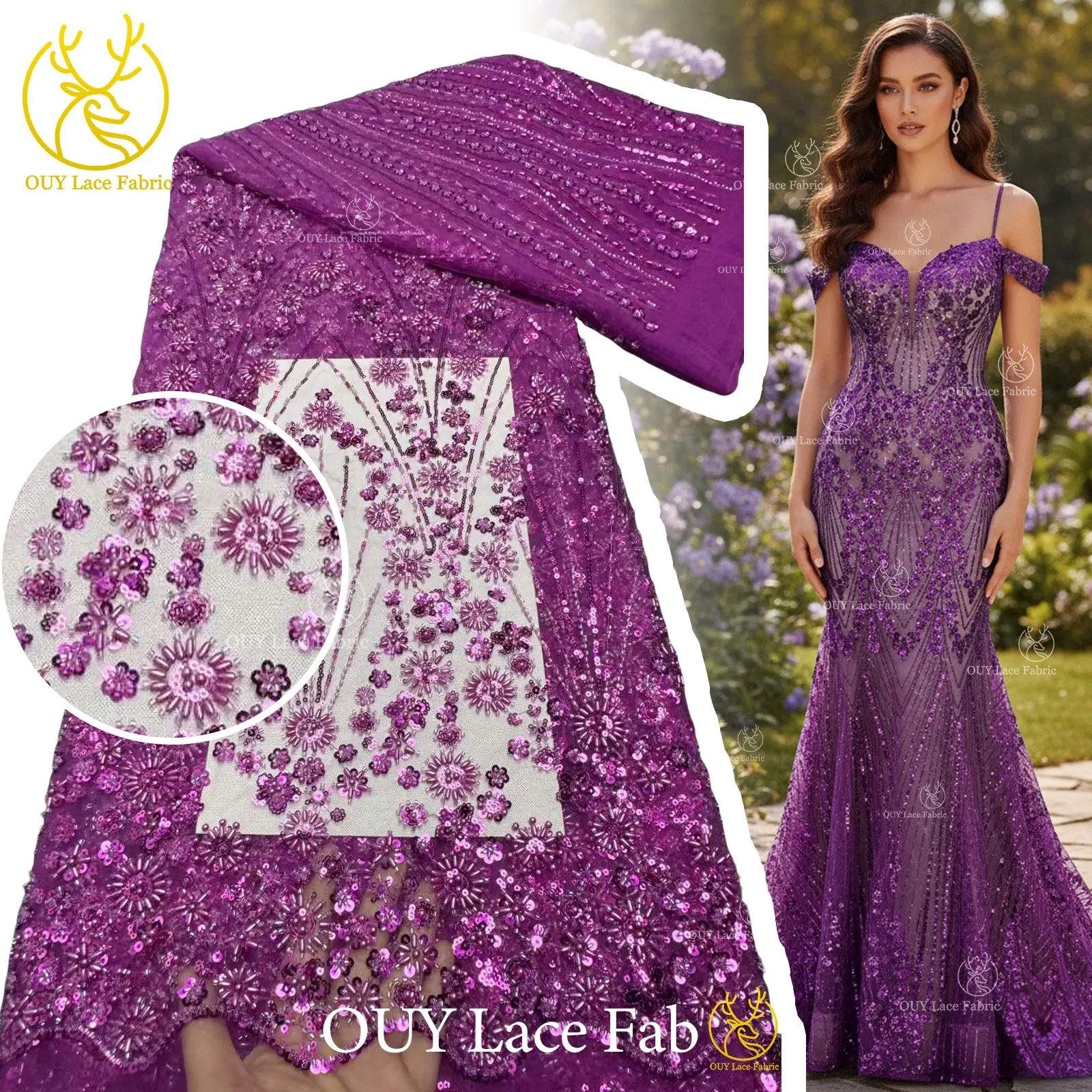 

Purple African Groom Beaded Lace Fabric 2026: High-Quality Nigerian Sequin Lace Fabric Suitable for Women's Party Evening Gowns