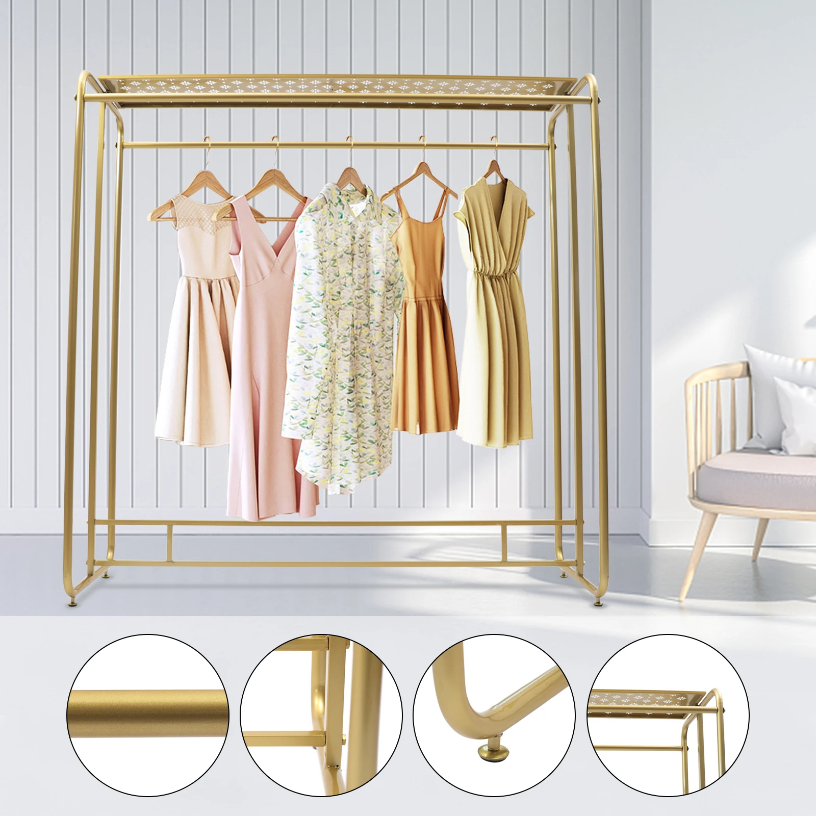 

Gold Boutique Clothing Rack, Garment Rack with Top Shelf, Dual-Bar Apparel Display Stand for Retail Store, 150cm Tall Organizer