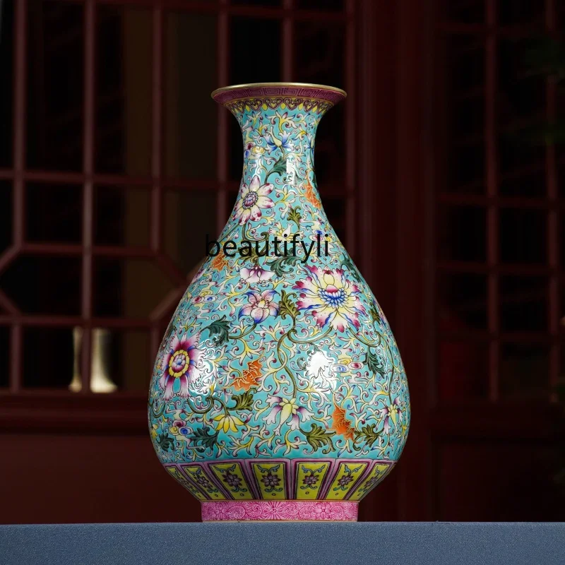 Jingdezhen ceramic hand-painted vase Chinese ornament antique bat pattern entangled jade pot spring vase