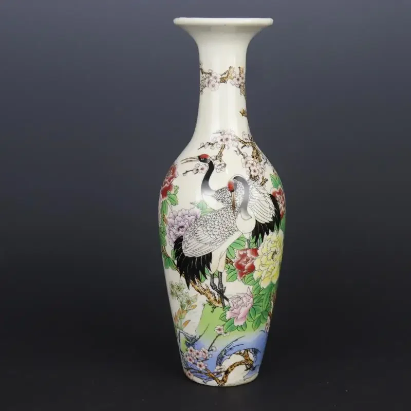 Chinese Famille Rose Porcelain craft Hand Painted Crane Peony Pattern Vase 10.43 inch