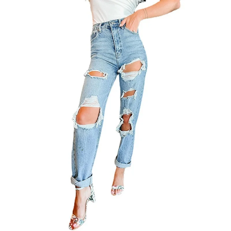 Women's High Waist Hole Straight Jeans Y2k Denim Trousers Women Korean Fashion Streetwear Blue Washed Flared Jean Pants