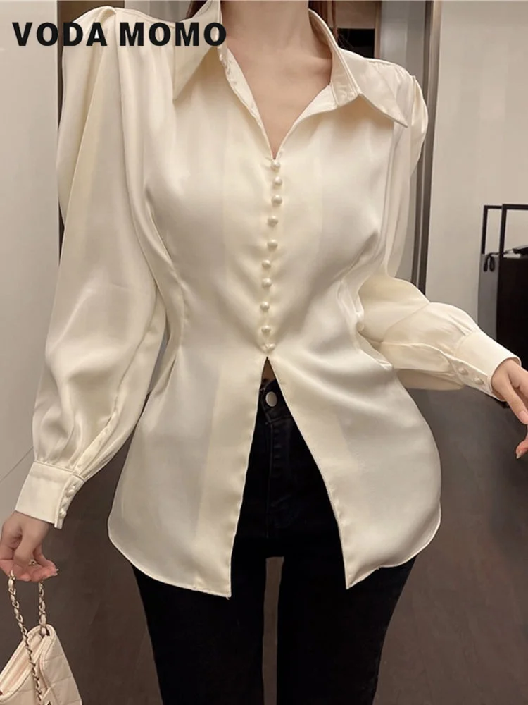 Blusa informal con cuello vuelto para mujer, camisa de manga abombada con lazo en la espalda, Color sólido, moda coreana