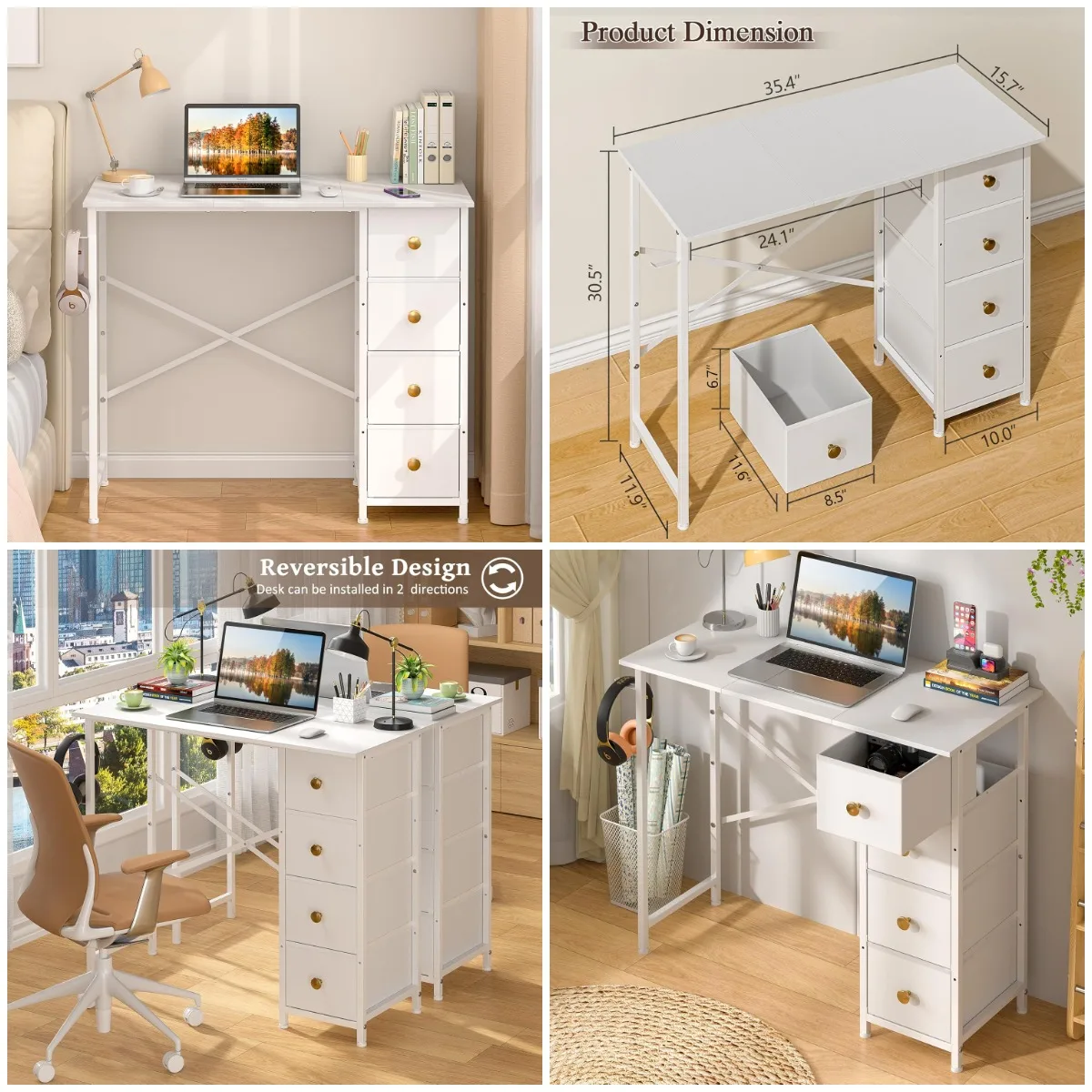

White Kids' Writing Desk with Drawers, 35.4' Reversible Study Table for Bedroom, Small Space Home Office & Makeup Vanity