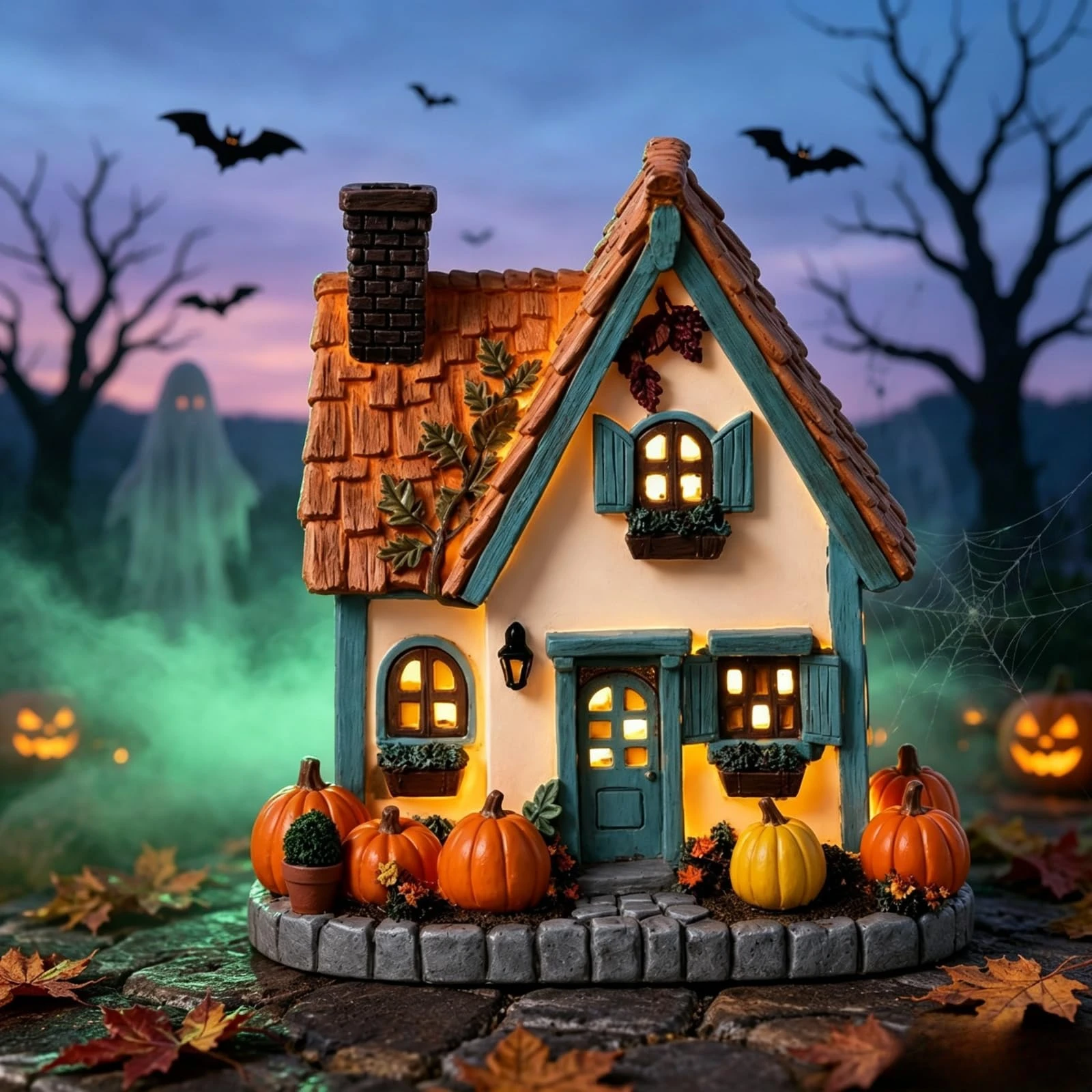 Resin Halloween Village Autumn Harvest House Figurine Fall Season Pumpkin Cottage Tabletop Ornament Mini Farmhouse Statue Decor