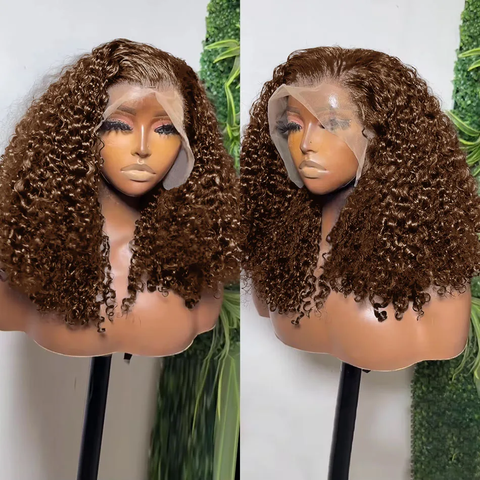 

230% Короткий вьющийся боб 13x4 Парики спереди Коричневый Глубокая волна Прозрачный парик фронтальной застежки на кружеве Бразильские 100% человеческие волосы