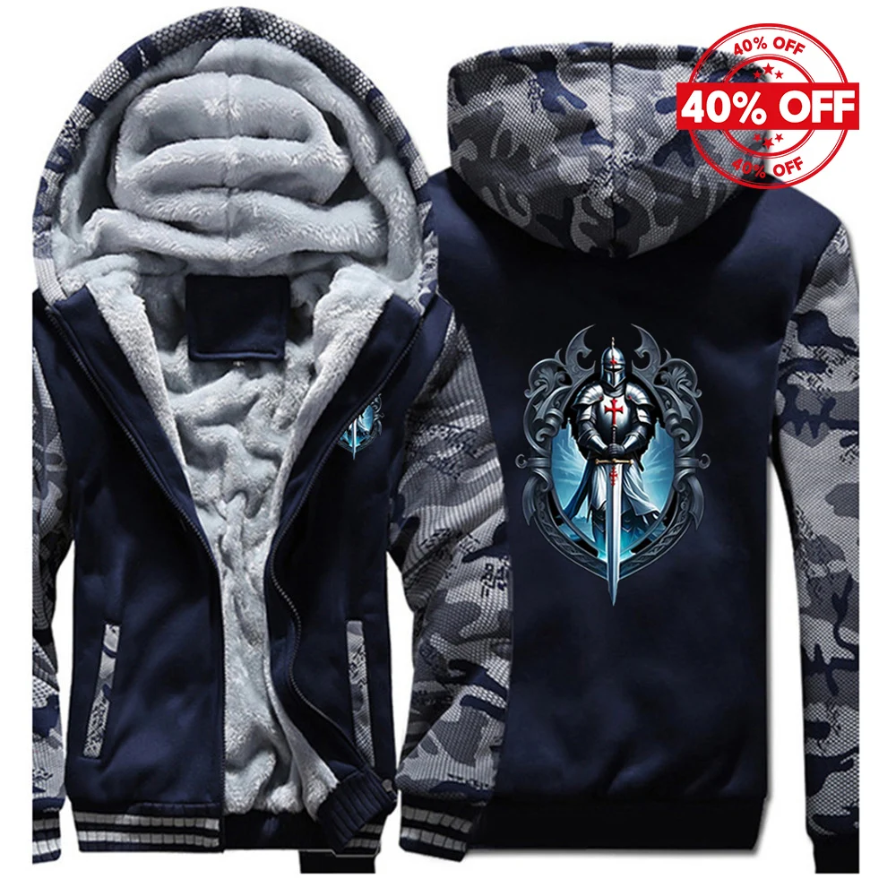 

2025 Autumn Winter Knights Templar Pattern Print Cold Prevention Warm Hooded Coat Men Popular Patchwork Sleeve Thickened Hoodies