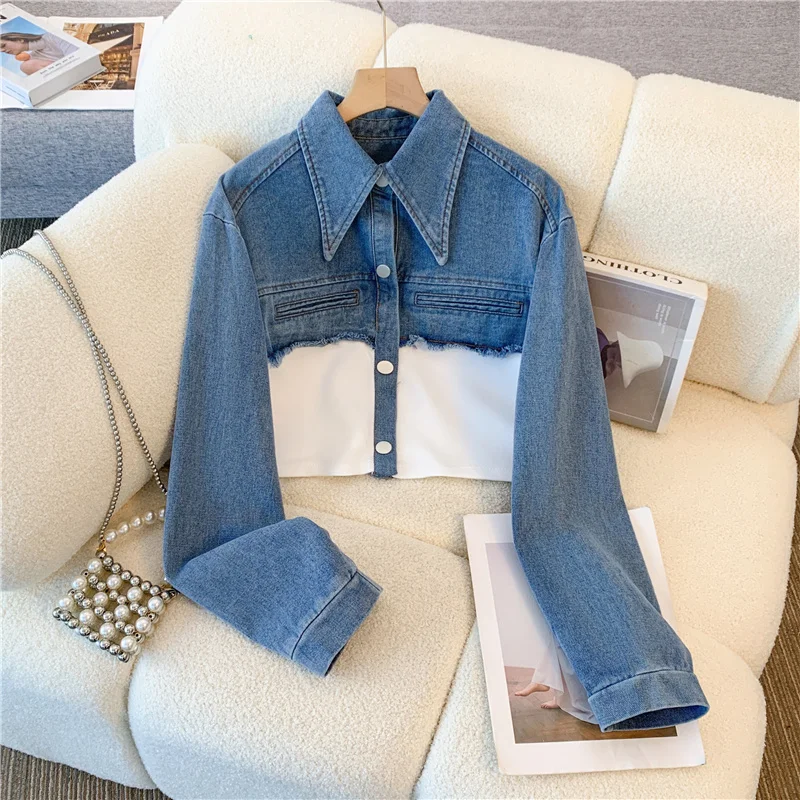 2024 Vintage Women Patchwork Denim Jacket Pant Sets Long Sleeve Cropped Coat+High Waist Wide Leg Pants Streetwear Suit