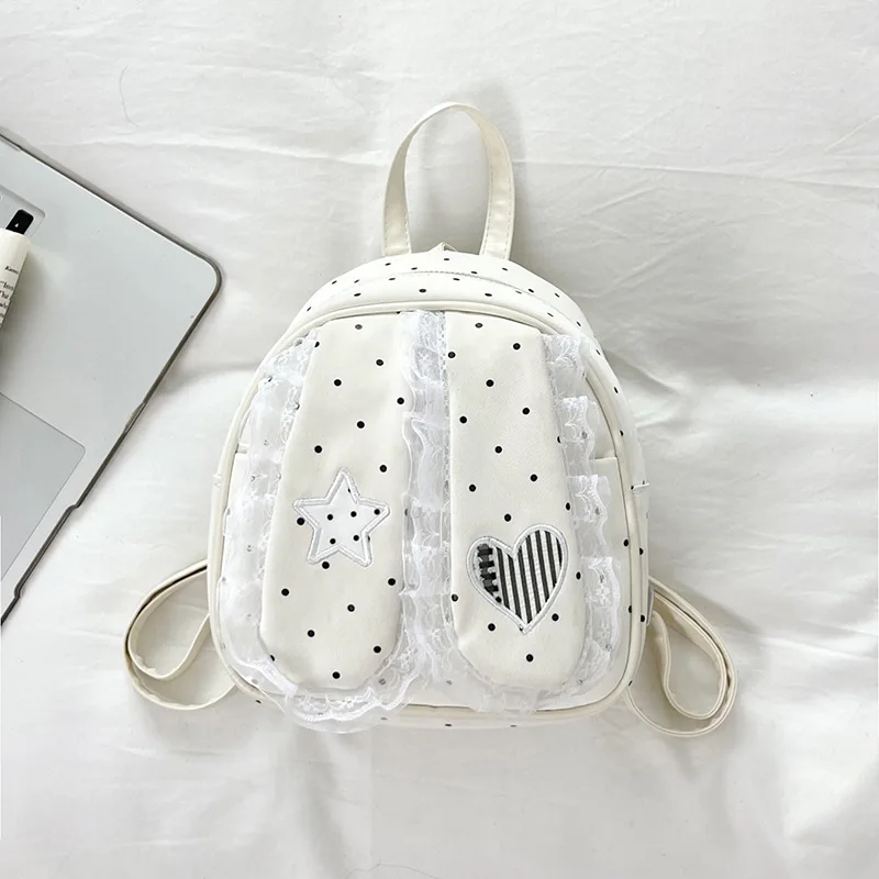 Cute Polka Dot Rabbit Ear Backpack Star Heart Embroidered Lace Decor Backpack Japanese Sweet Exquisite Shoulder Bag рюкзак