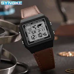 SYNOKE Leather Watch Outdoor Sports Multifunctional Waterproof Large Screen Display Luminous LED Digital For Men Retro Fashion