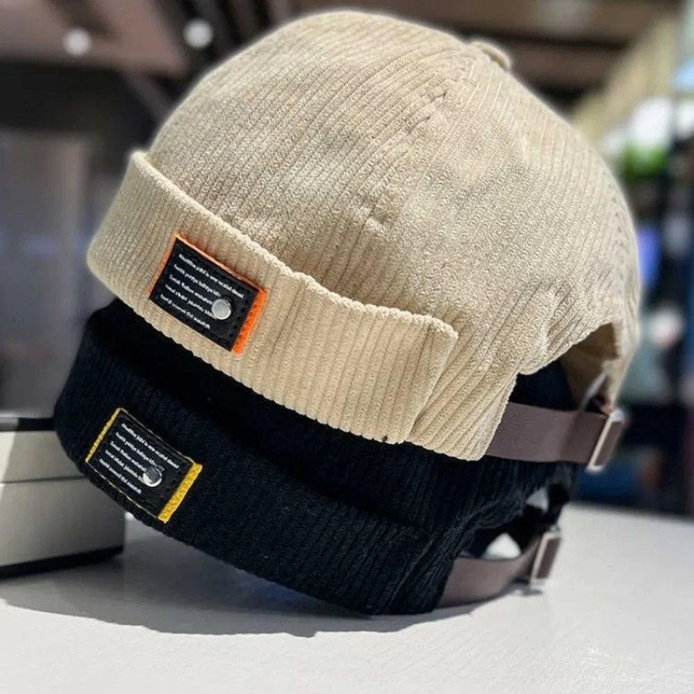 Corduroy Fabric Docker Beanie Unisex Style Retro Japanese Style Brimless Sailor Cap Casual Fit Brimless Design Corduroy Skullcap