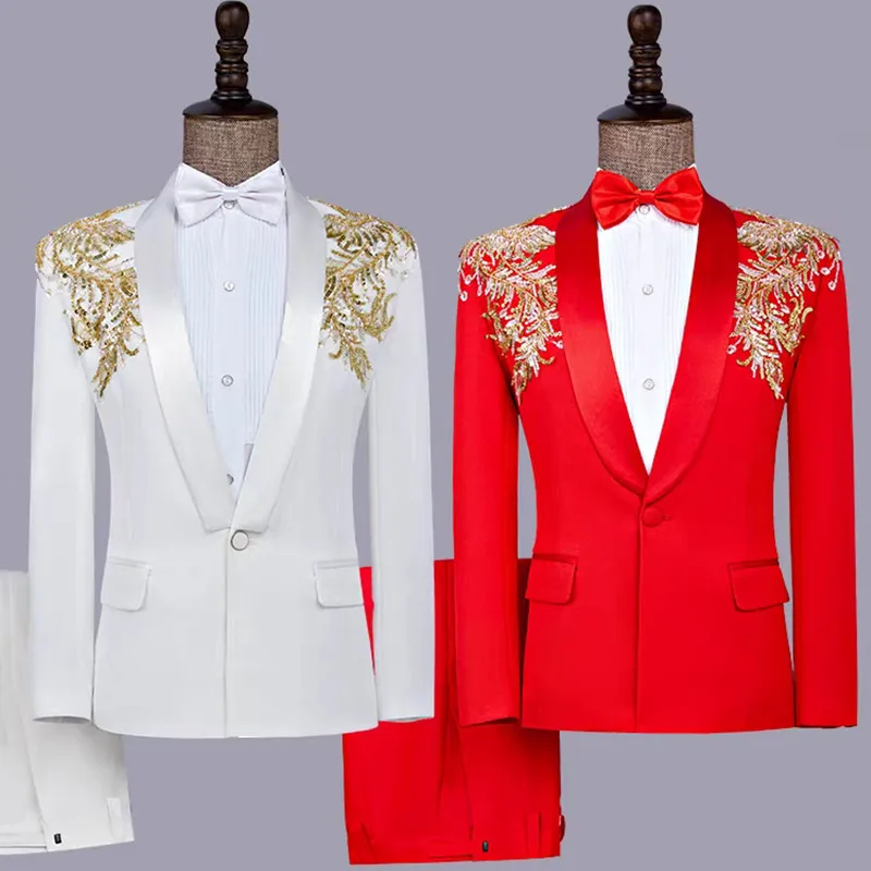 

Red White Men's Applique Suit Sequins Blazer Pants 2-piece Set for Evening Party Banquet Wedding Host Stage Singer Show Outfit