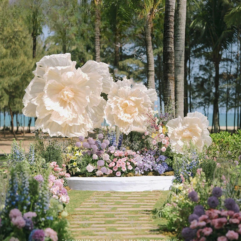 

Outdoor wedding scene background arrangement huge peony paper silk flower decoration stage