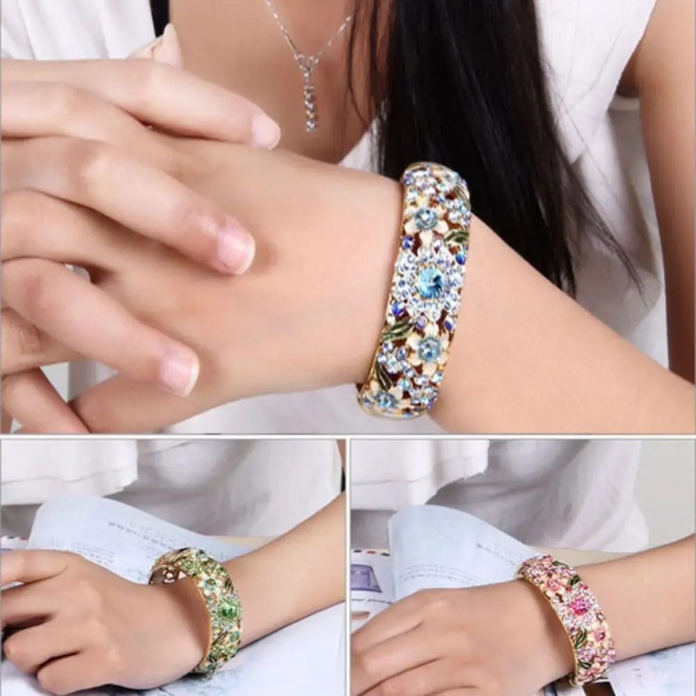 

Enamel Chinese Cloisonne Bracelet Ethnic Traditional Hollow Out Flower Bangle Rhinestone Classic Women's Hand Bracelet Jewelry