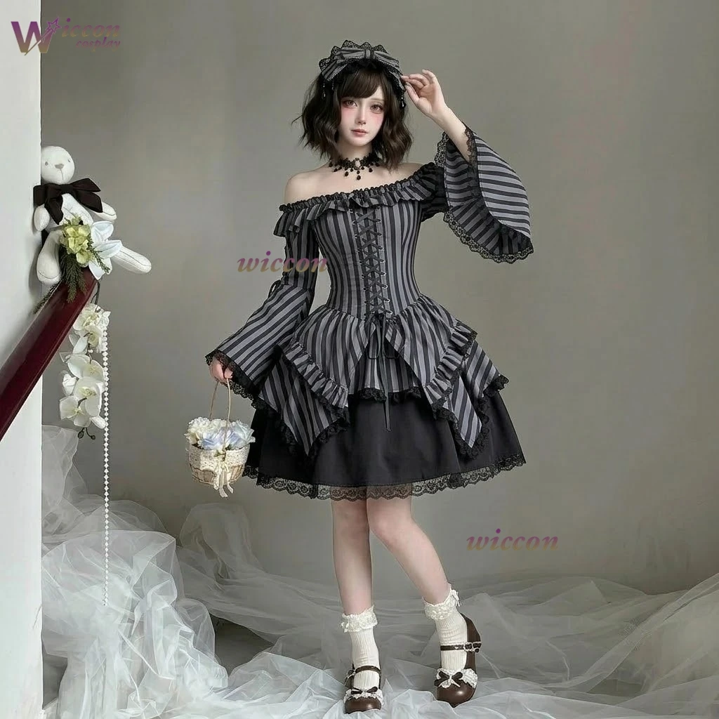 Cos Room Original Striped Vintage Gothic Lolita Off Shoulder Gown Cosplay Corset Dress Ruffle Layered Skirt Halloween