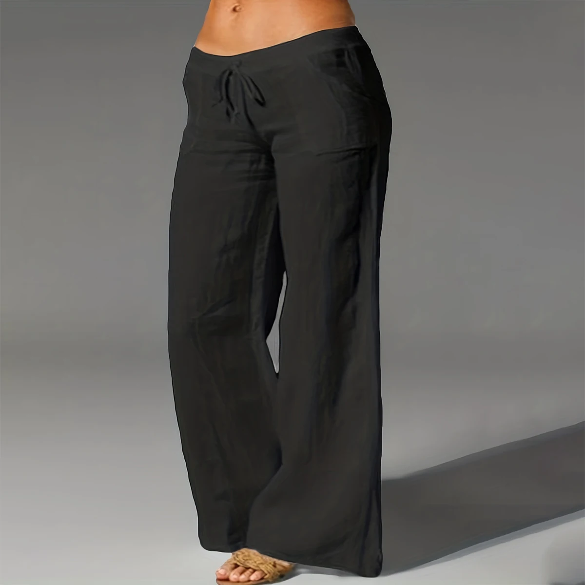 Plus Size Solid Drawstring Wide Leg Pant Casual High Waist Pants For Spring Summer Women\'s Plus Size Clothing