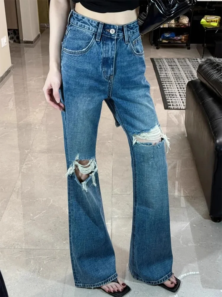 

High Waist Distressed Denim Jeans Women Summer Slimming Straight Leg Floor Length Pants Elegant Casual Straight Cut Trousers