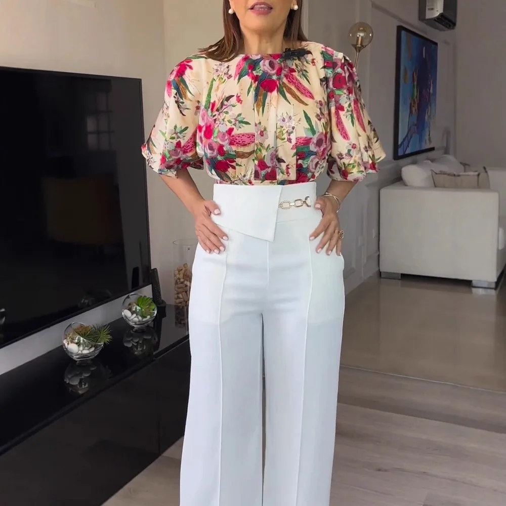 

Желтый комбинезон с цветочным узором и рукавами-колокольчиками, топ с нерегулярной талией, манжетами, металлической цепочкой, длинные брюки, женский комплект из 2 предметов