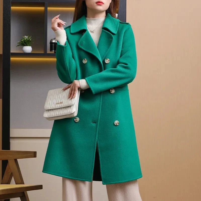 2024 Autumn Winter Double-Faced Wool Coat Women Warm Double-breasted Woolen Coat Jacket Women Fashion Temperament Wool Overcoat