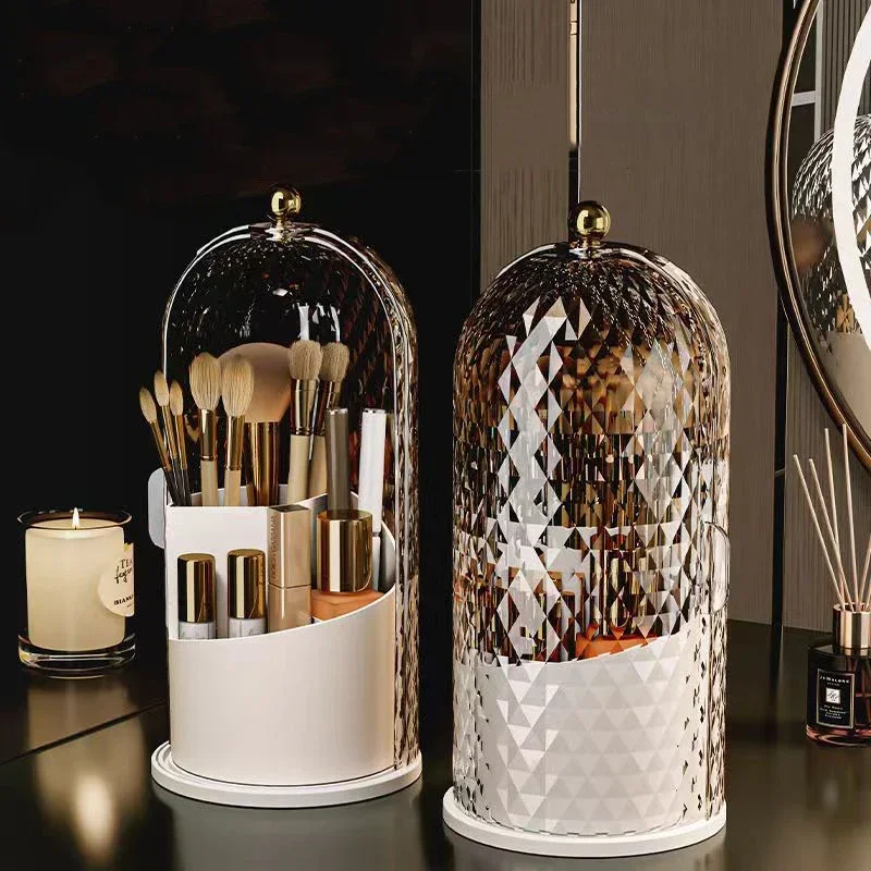 Porta pennelli per trucco con coperchio Diamond Birdcage 360 °   Contenitore per rossetto con scatola portaoggetti per cosmetici antipolvere per organizer per trucco rotante