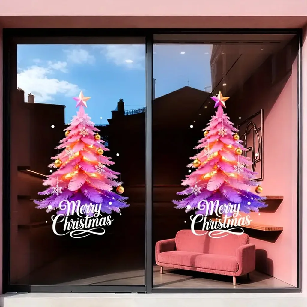 Pink Christmas Tree Window Stickers Merry ChristmasStatic Cling Sticker Decor Refrigerator Wardrobe Glass Decals Home Decoration