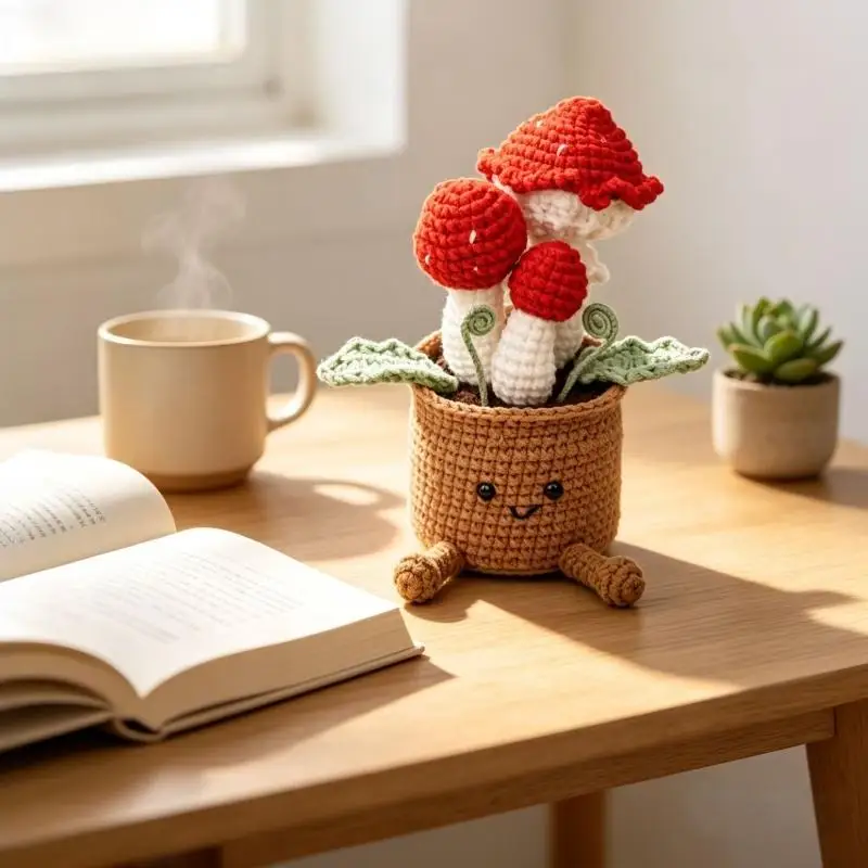 Smiling Face Red Mushroom Crochet Potted Handmade Soft Yarn Craft Cute Desktop Decor for Home Office Festival Gift
