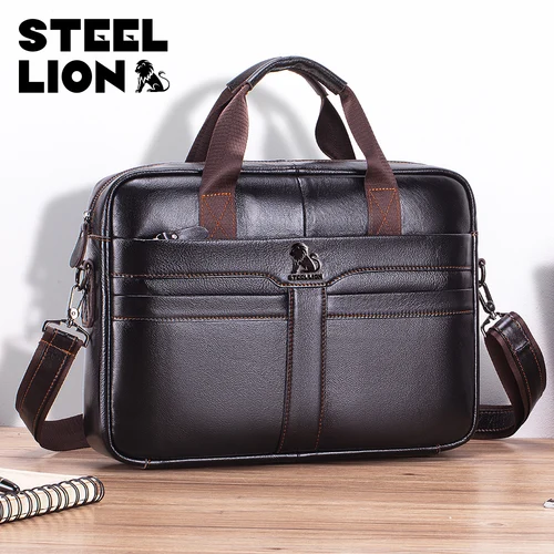 Maletín de cuero STEEL LION para hombre, bolso de oficina de negocios de gran capacidad, bolso de ordenador de piel de vaca, se puede llevar a mano o al hombro