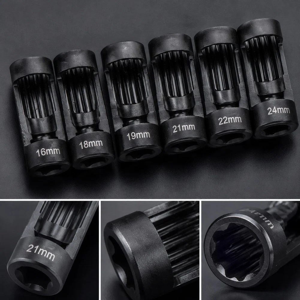 6PCS Shock Absorber Socket Set 16-24mm For Car Repair Deep Well Nut Removal Tool Kit Blue Finish Heavy-Duty Wrenches