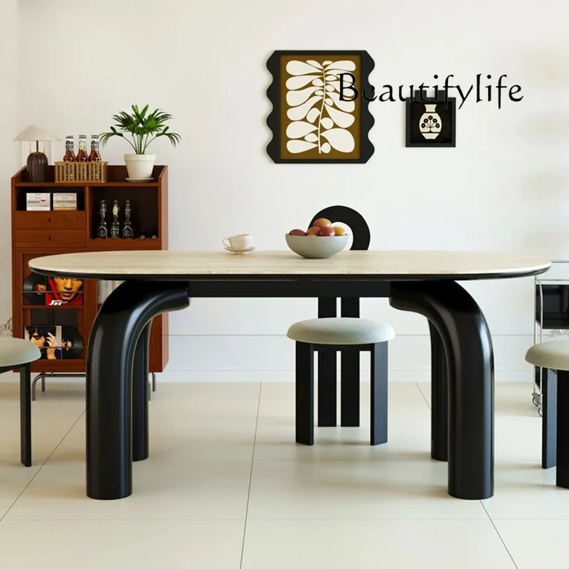 X35 French Cream Wind Tunnel Stone Slate Dining Table Design Small Apartment Rectangular Dining Table Kawaii Decor