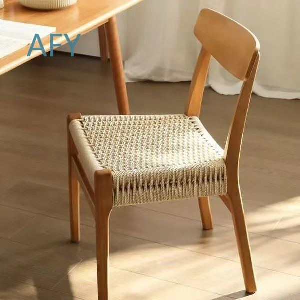 Retro Solid Wood Rope Knitted Dining Table Set for Wabi Sabi Log Home Nordic Medieval Style Rattan Backrest Chairs Minimalist