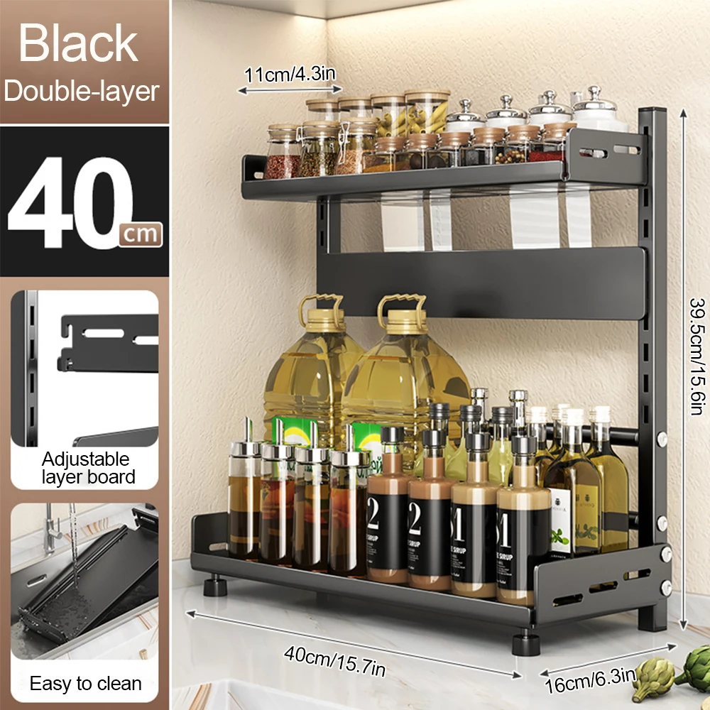 NONE 3-stufiges Gewürzregal für die Arbeitsplatte, verstellbare Gewürzorganisation für den Schrank, Küchenorganisator, Metallregal, Schwarz 5