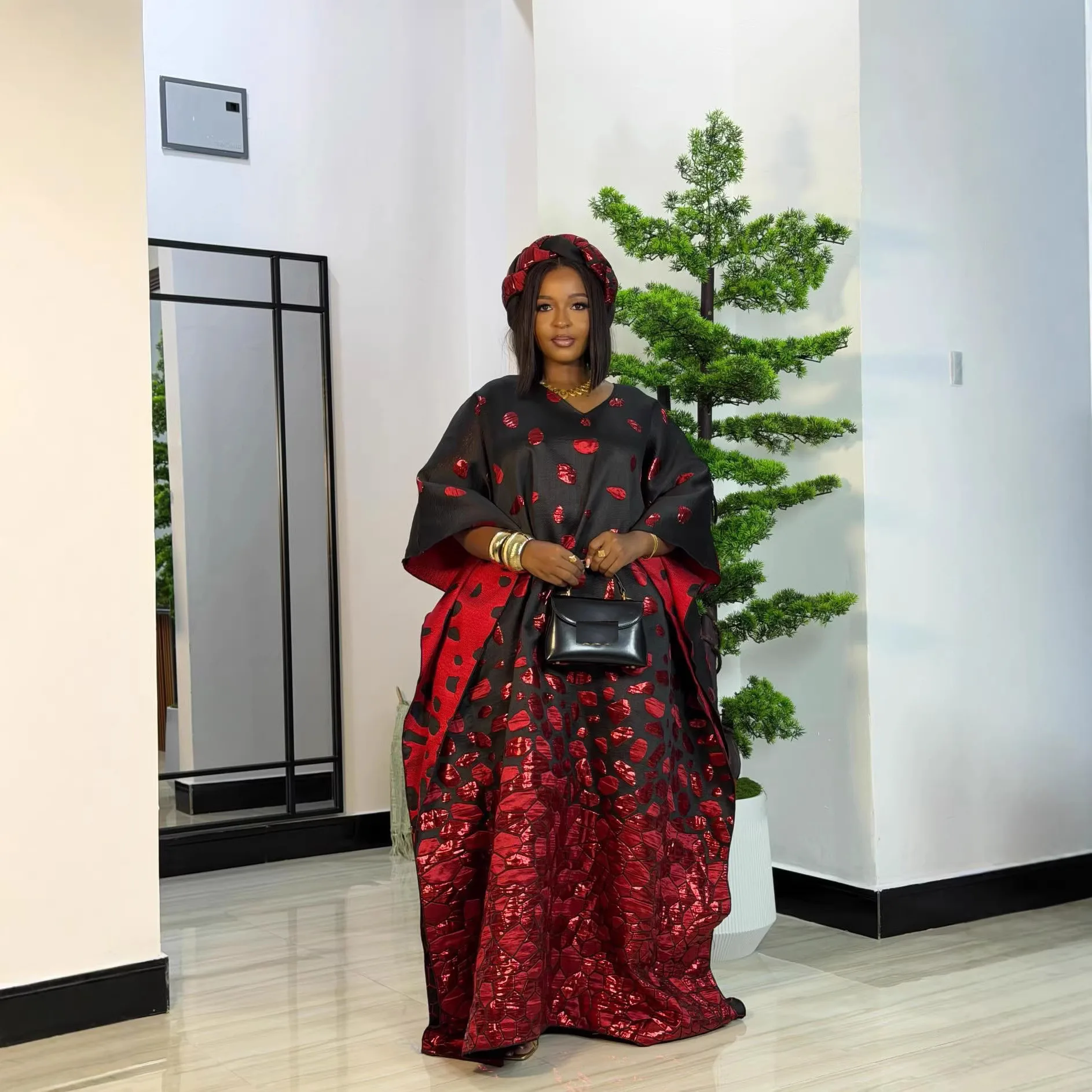 

African Woman Large Size Printed Bat Sleeve Dress Muslim Islamic Robe Boubou Turkey Loose Elegant Party Church Dress Casual Gown