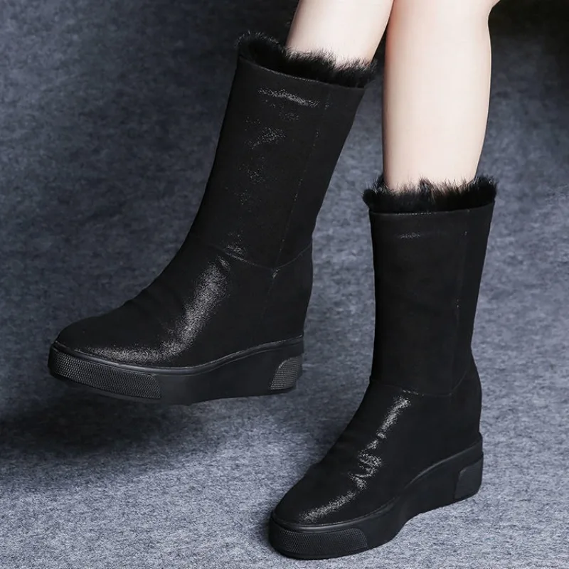 Women's Snow Boots Platform Leather Half High Chunky Ladies Shoes Wedge Heel Fur Mid Calf Chic and Elegant Furry Anti Skid Goth