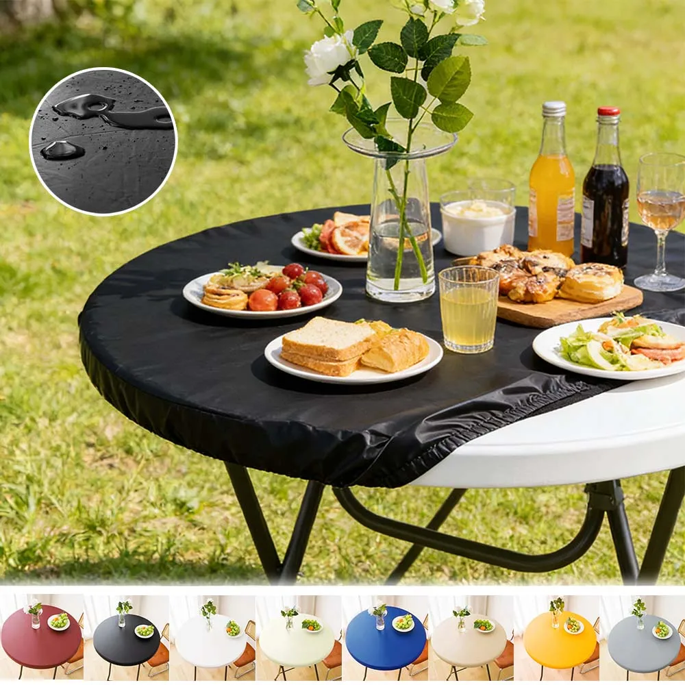 

Fitted Round Table Cover Waterproof Oil-Proof PU Outdoor Party Elastic Tablecloth Dustproof Protector for Wedding Hotel Birthday