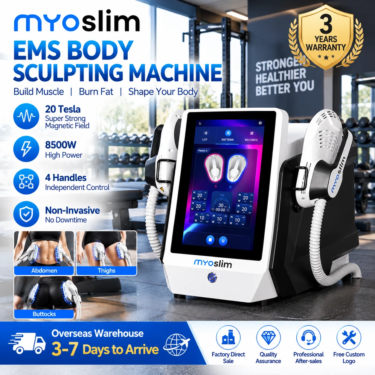 MYOslim15 Tesla 6500W Electromagnetic Muscle Stimulation Therapy Machine Body Slimming Fat Burning Treatment Device 2 Handle