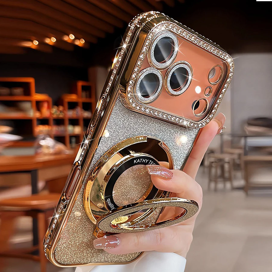 Glitter Magsafe Bracket Case for iPhone 17 16 15 11 12 14 13 Pro Max Plating Soft Bling Diamond Luxury Cover for iPhone 17 Air #6