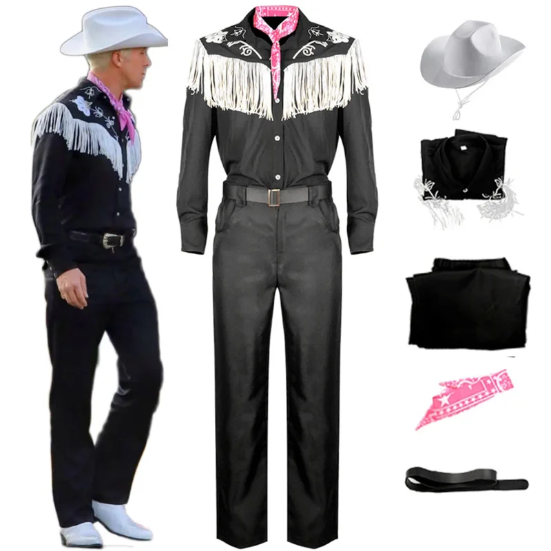 

Movie Ken Ryan Gosling Cosplay Costume Adult Men Cowboy Shirt Pants Hat Belt Scarf Suit Performance Halloween Uniform