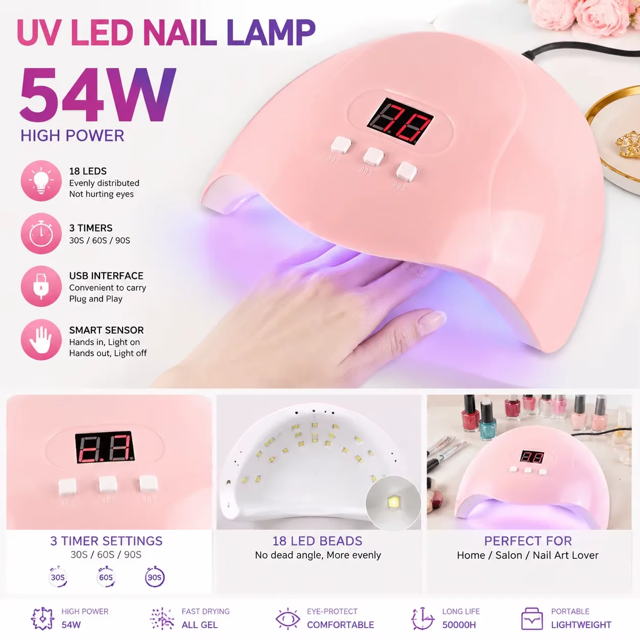 54W UV LED Nail Lamp Smart Sensor 3 Timers USB Gel Dryer Professional Manicure Pedicure Curing Machine For Salon Home Use
