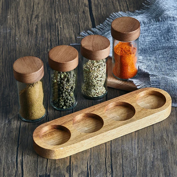 

Round Glass Seasoning Jar Wooden Lid Split Packaging Seasoning Bottle Household Kitchen Storage Jar 4-Piece Set Base Spice Jar