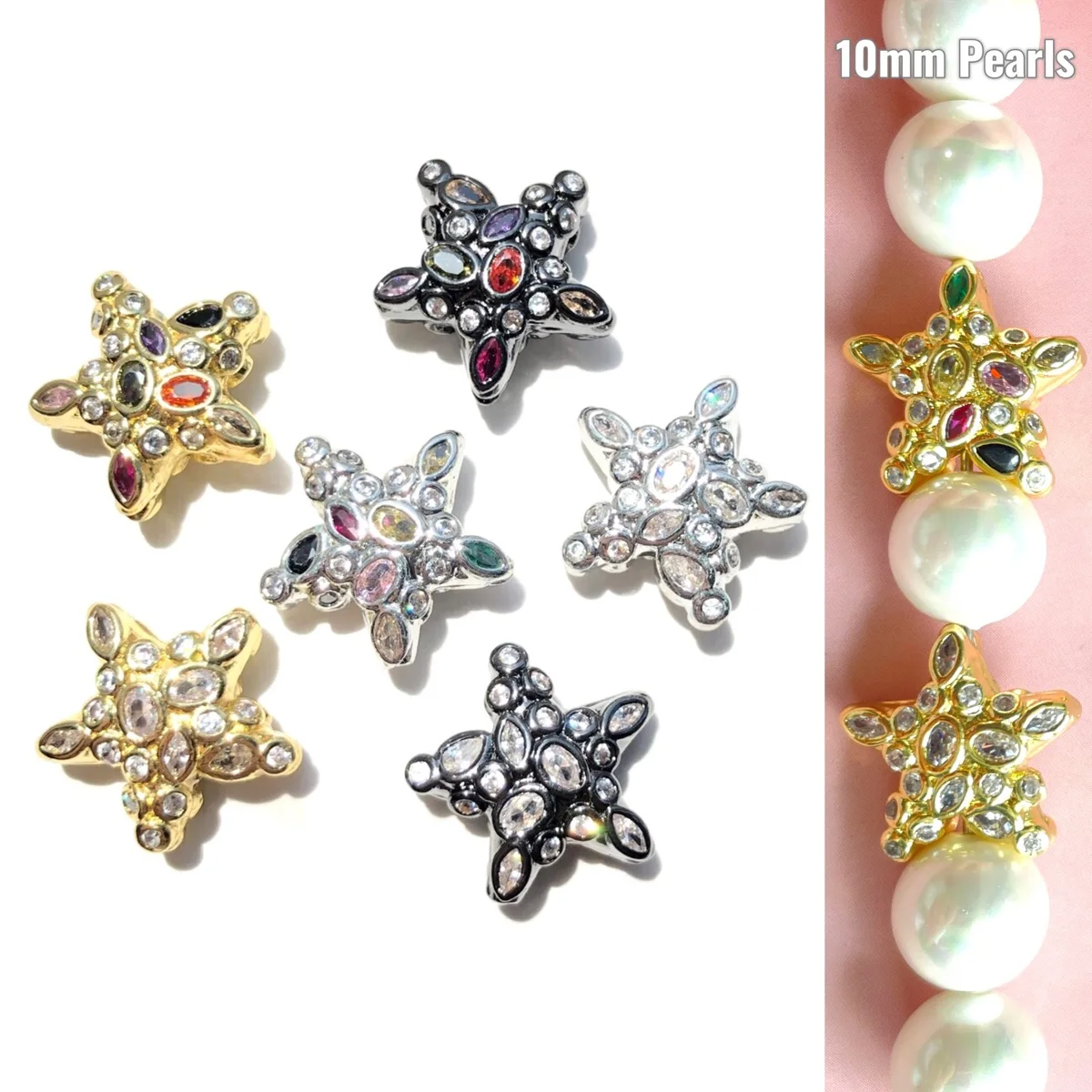 6PCS Colorful Clear Zirconia Pave Star Spacers Bling Loose Beads for Bracelets Necklace Earring Jewelry Handmade Accessories