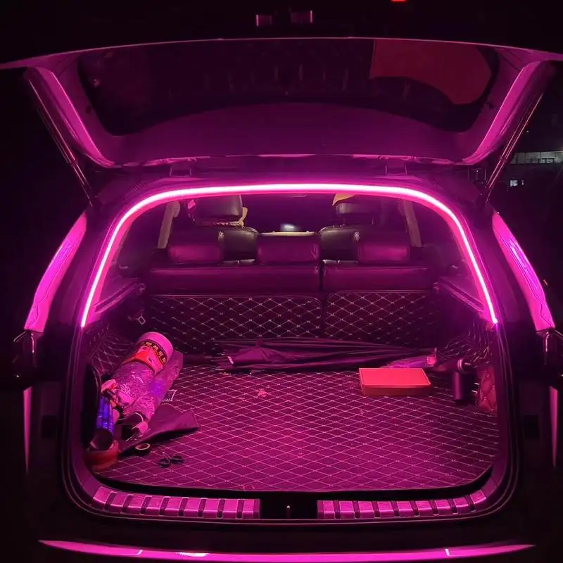 Car trunk interior ambient lighting modified with decorative LED wiring free automatic sensing tailgate lighting strip