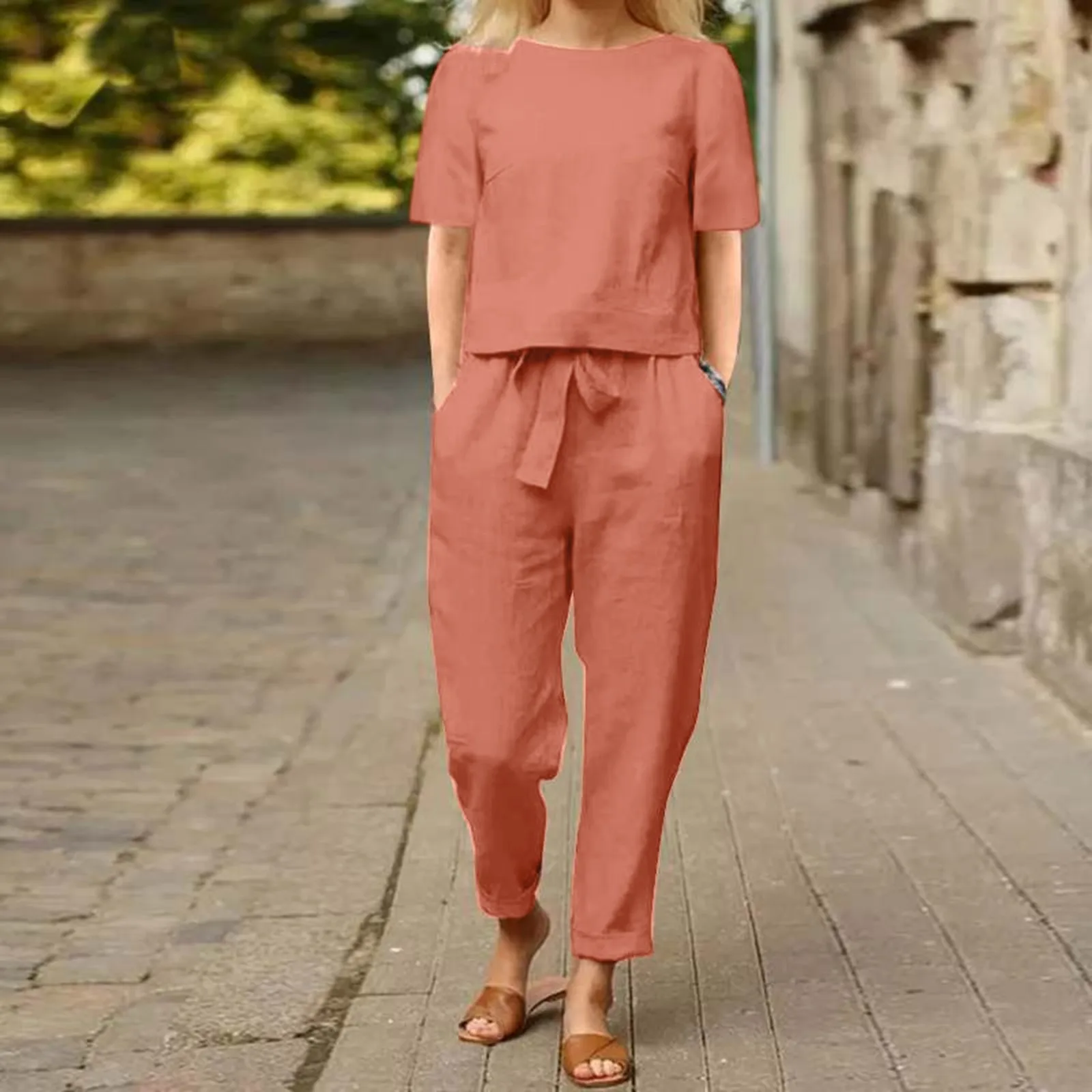 Women\'s Two Piece Summer Solid Color Casual Cotton And Linen Comfortable Short Sleeve Round Neck Loose Wide Leg Pants Suit