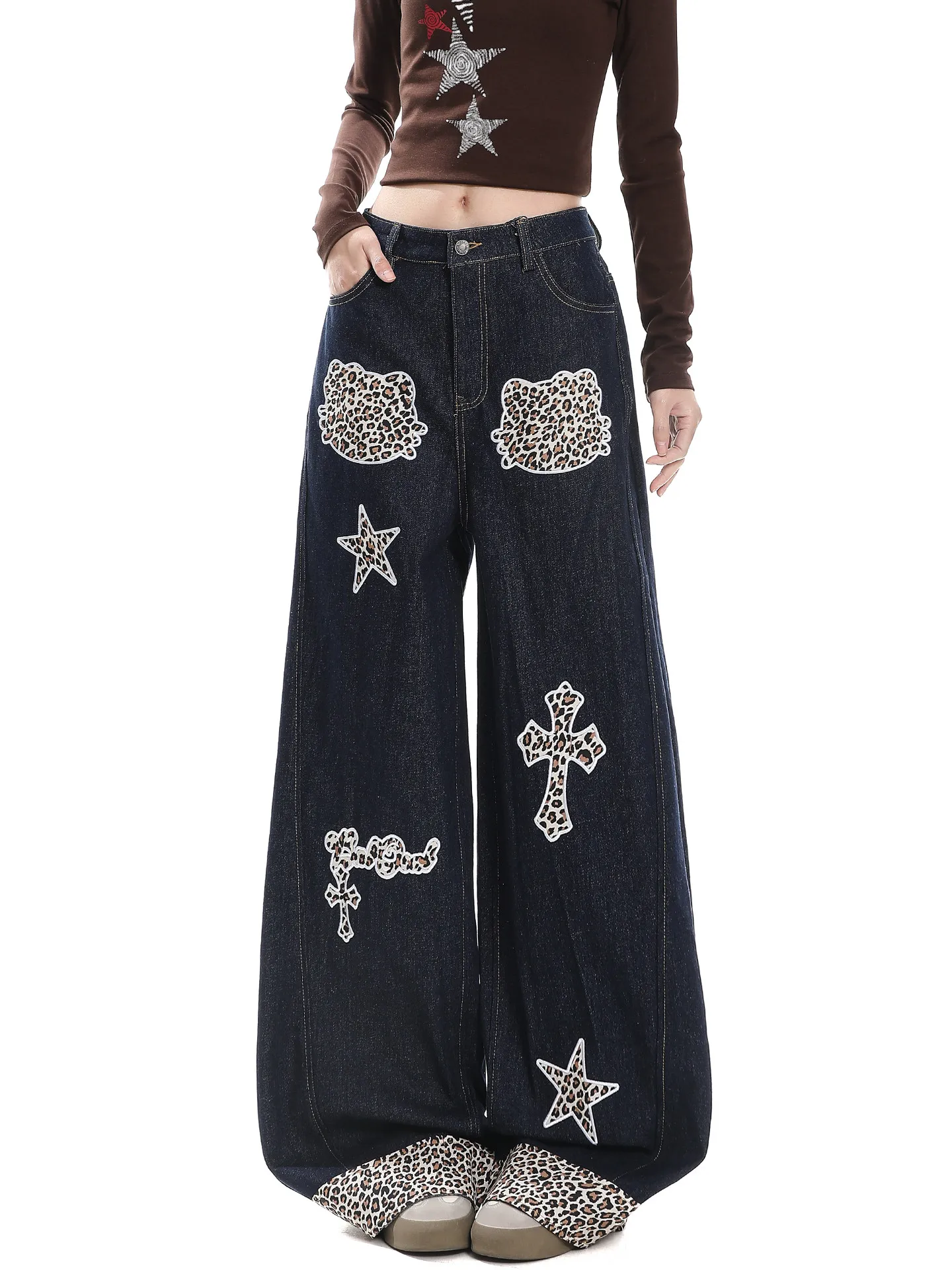 

Джинсы Katie American Sle с высокой талией и широкими штанинами для женщин, весенний дизайн, пэчворк, вышивка, леопардовый принт, повседневная одежда